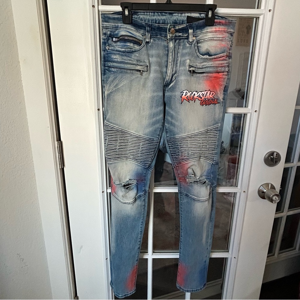 Rockstar Men's Blue and Red Skinny Jeans 32x32